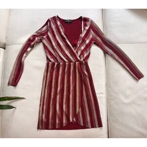 Lulus Burgundy Gold Metallic Striped Pleated Mini Dress Long Sleeve V-Neck Small